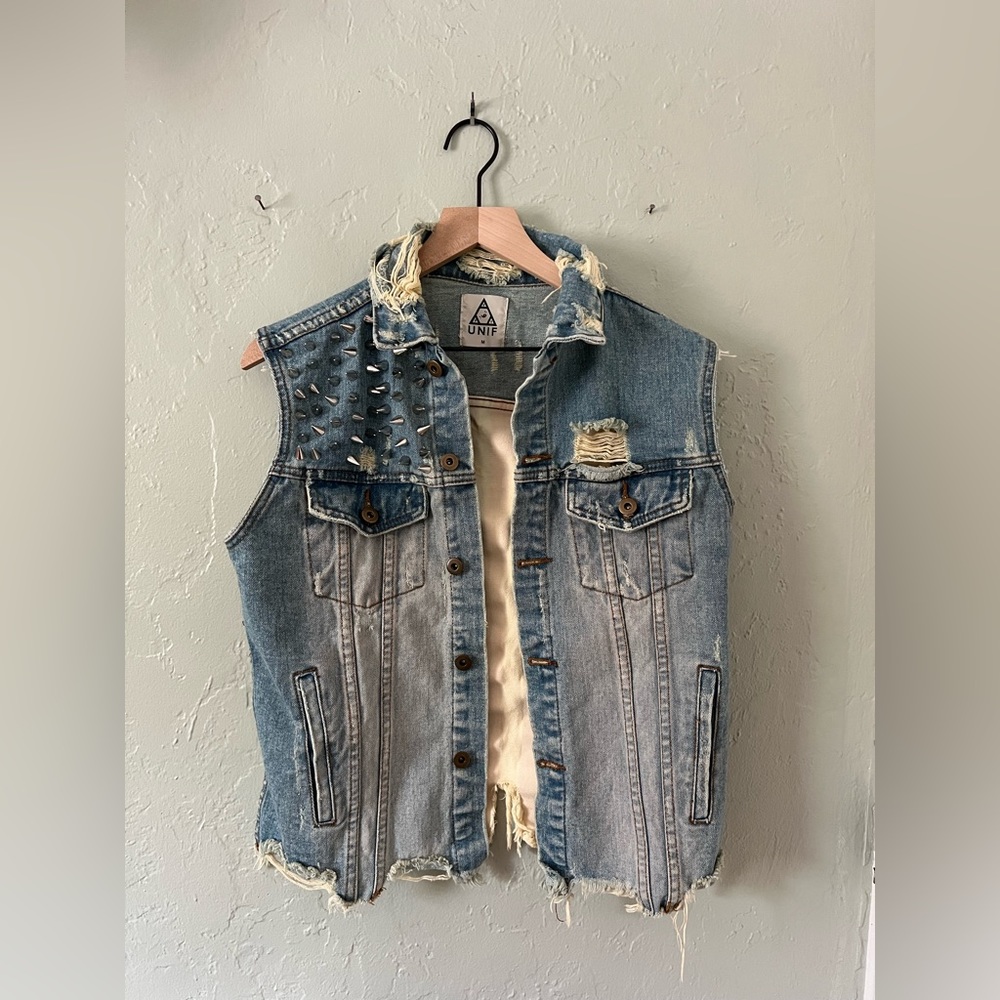 🇺🇸 UNIF Spiked USA Flag Stripe Star Stud Denim Jean Sleeveless Oversized Vest